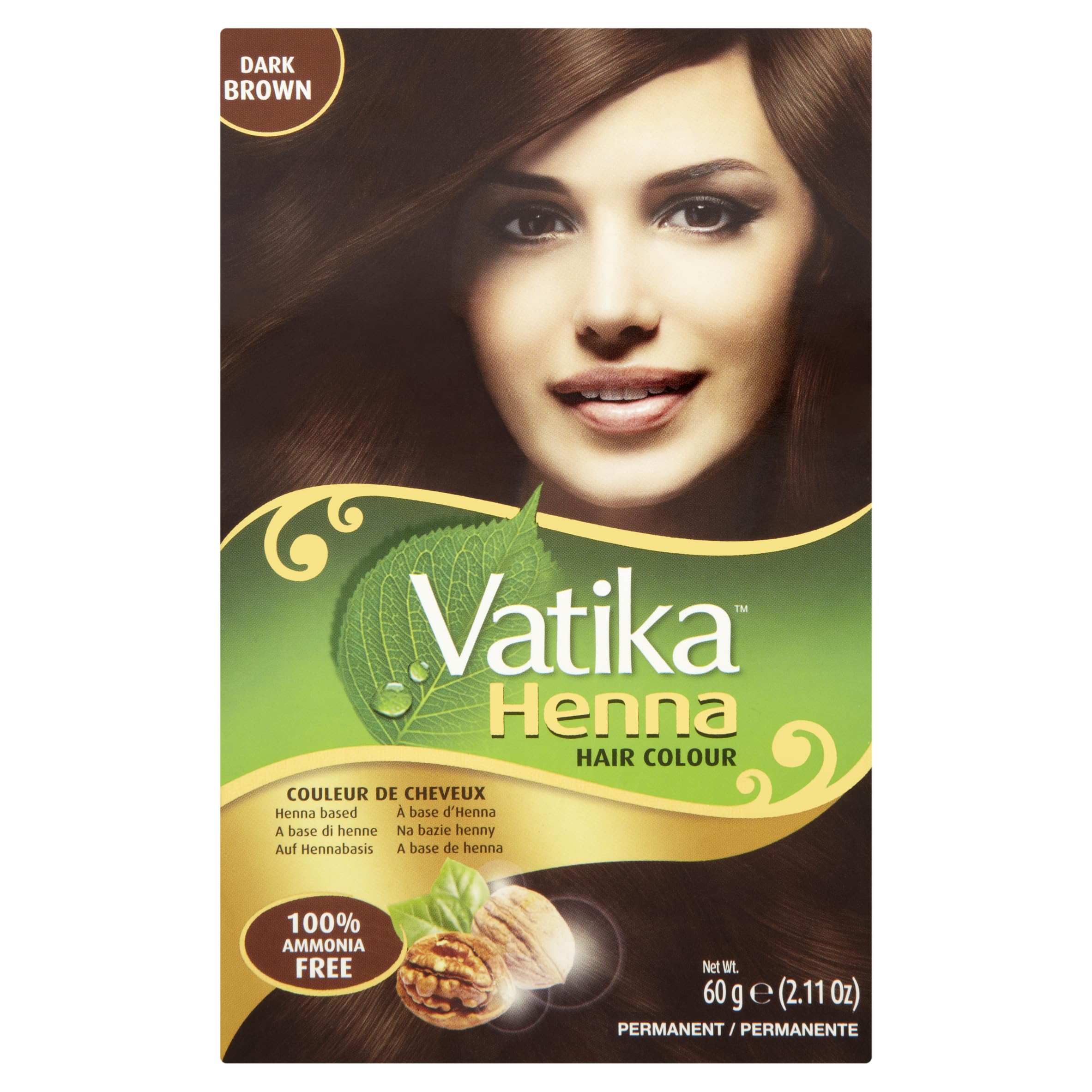 Vatika Naturals permanent hair dye in dark brown with ammonia-free formula and grey coverage.