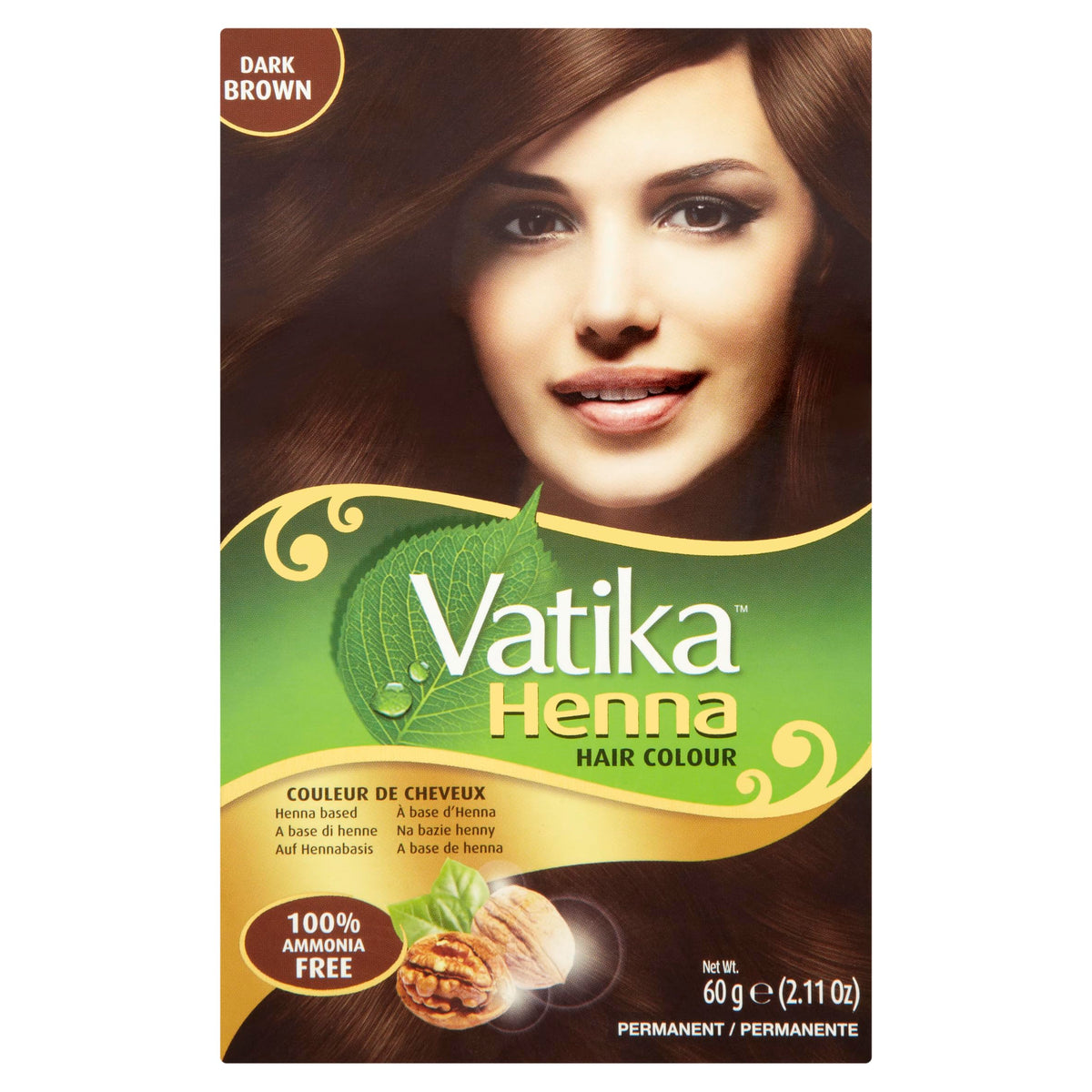 Vatika Naturals permanent hair dye in dark brown with ammonia-free formula and grey coverage.