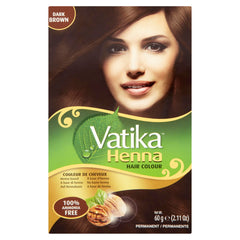 Vatika Naturals permanent hair dye in dark brown with ammonia-free formula and grey coverage.