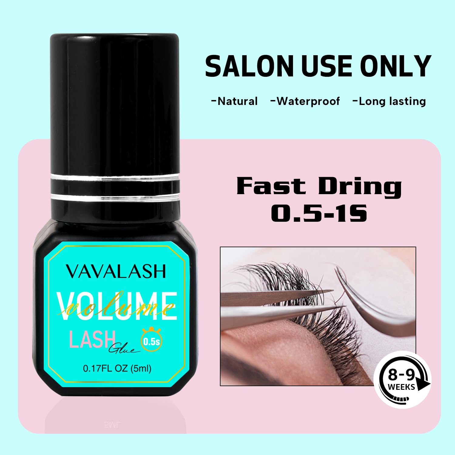 Lash technician applying VAVALASH Volume Plus adhesive during a treatment session.