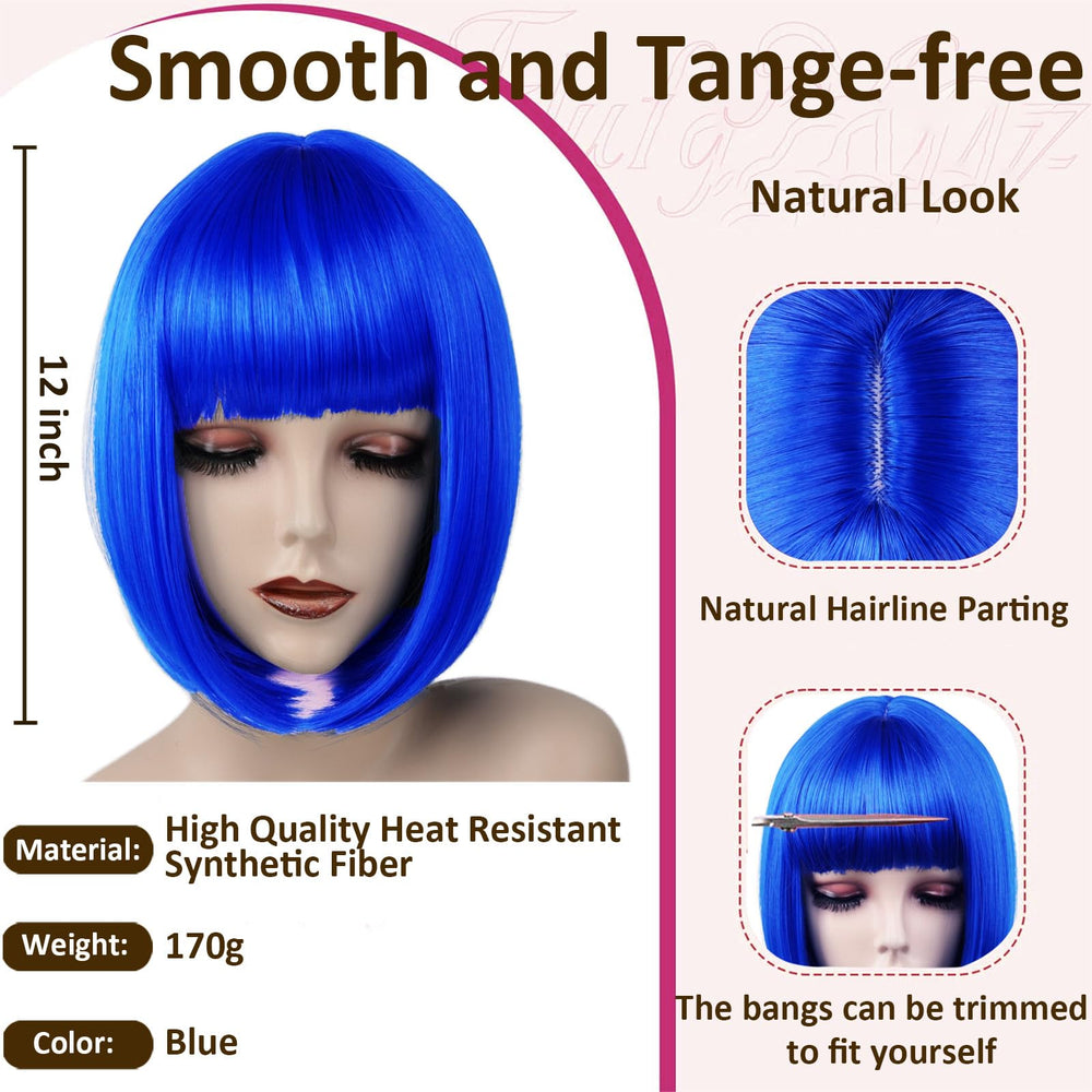 VCAY blue bob wig bangs close-up reveals soft fringe and fiber detail.