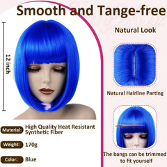 VCAY blue bob wig bangs close-up reveals soft fringe and fiber detail.