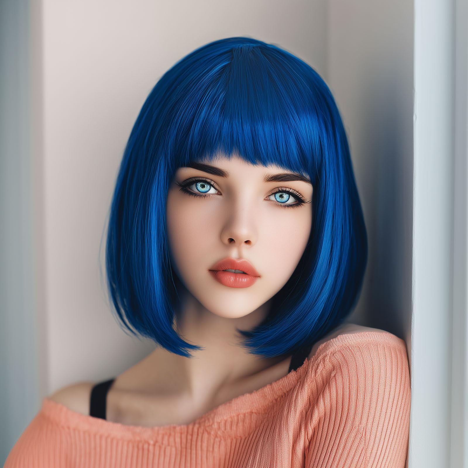 VCAY blue bob wig vivid blue color close-up for bold fashion.