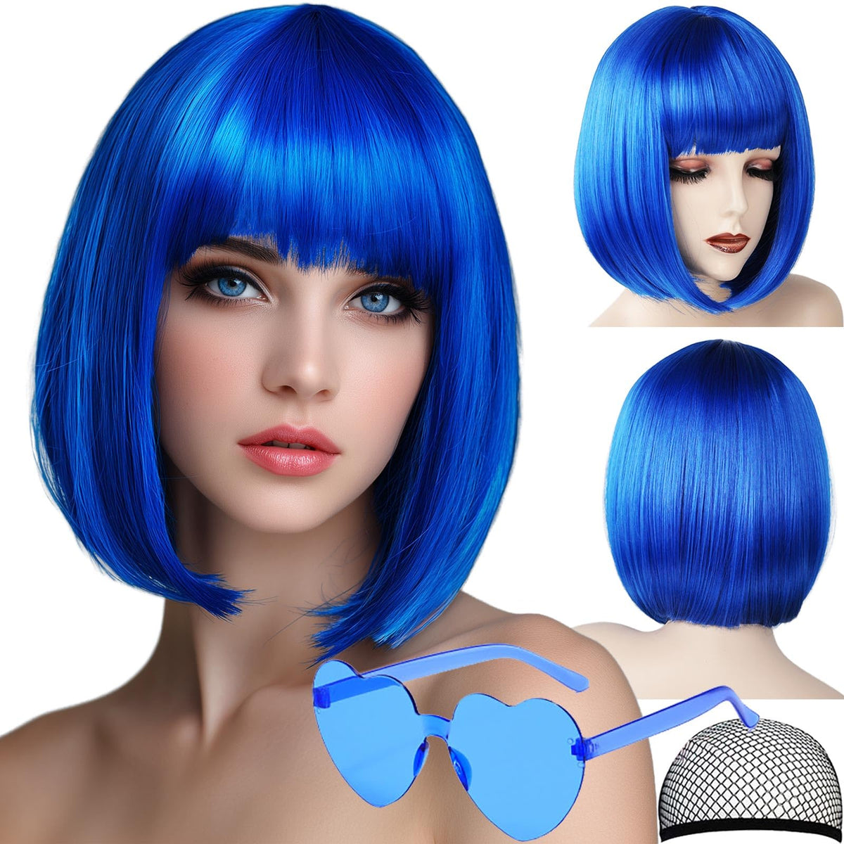 VCAY blue bob wig front view shows vivid color and smooth texture.