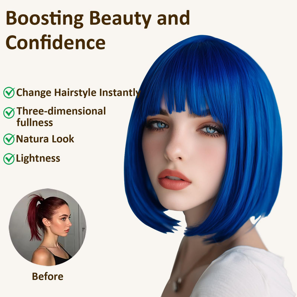 VCAY blue bob wig heat-resistant fiber supports styling with tools.