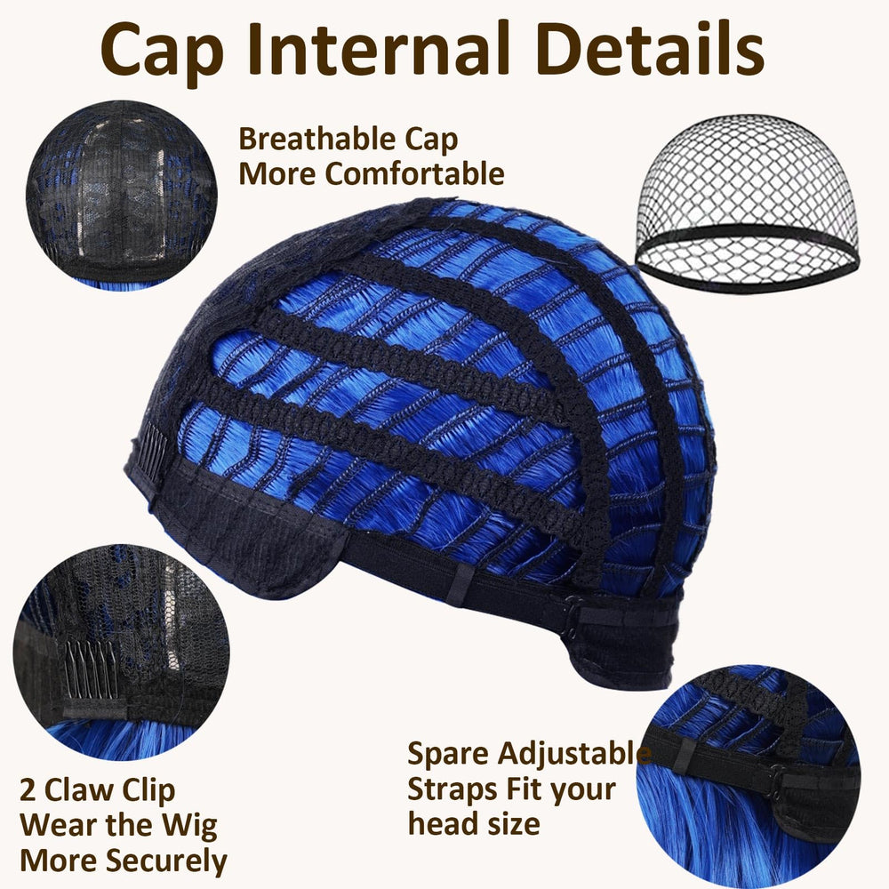 VCAY blue bob wig lace cap with adjustable straps for secure fit.