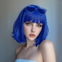VCAY blue bob wig 12 inch length creates off-shoulder silhouette.
