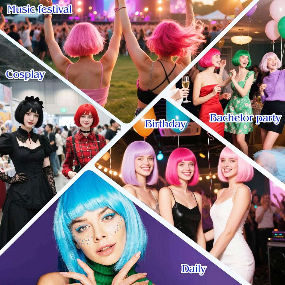 VCAY blue bob wig packaging contents including wig cap and sunglasses.