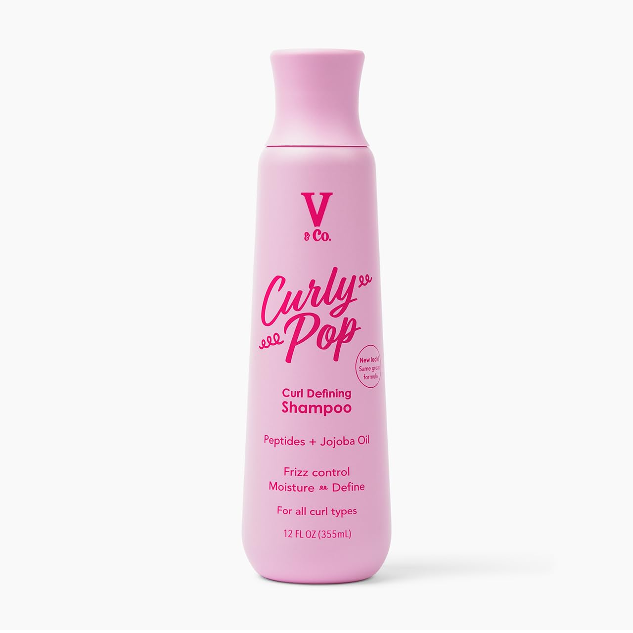 Botella de V&CO Curly Pop Champú Definidor de Rizos, visión frontal para definir rizos