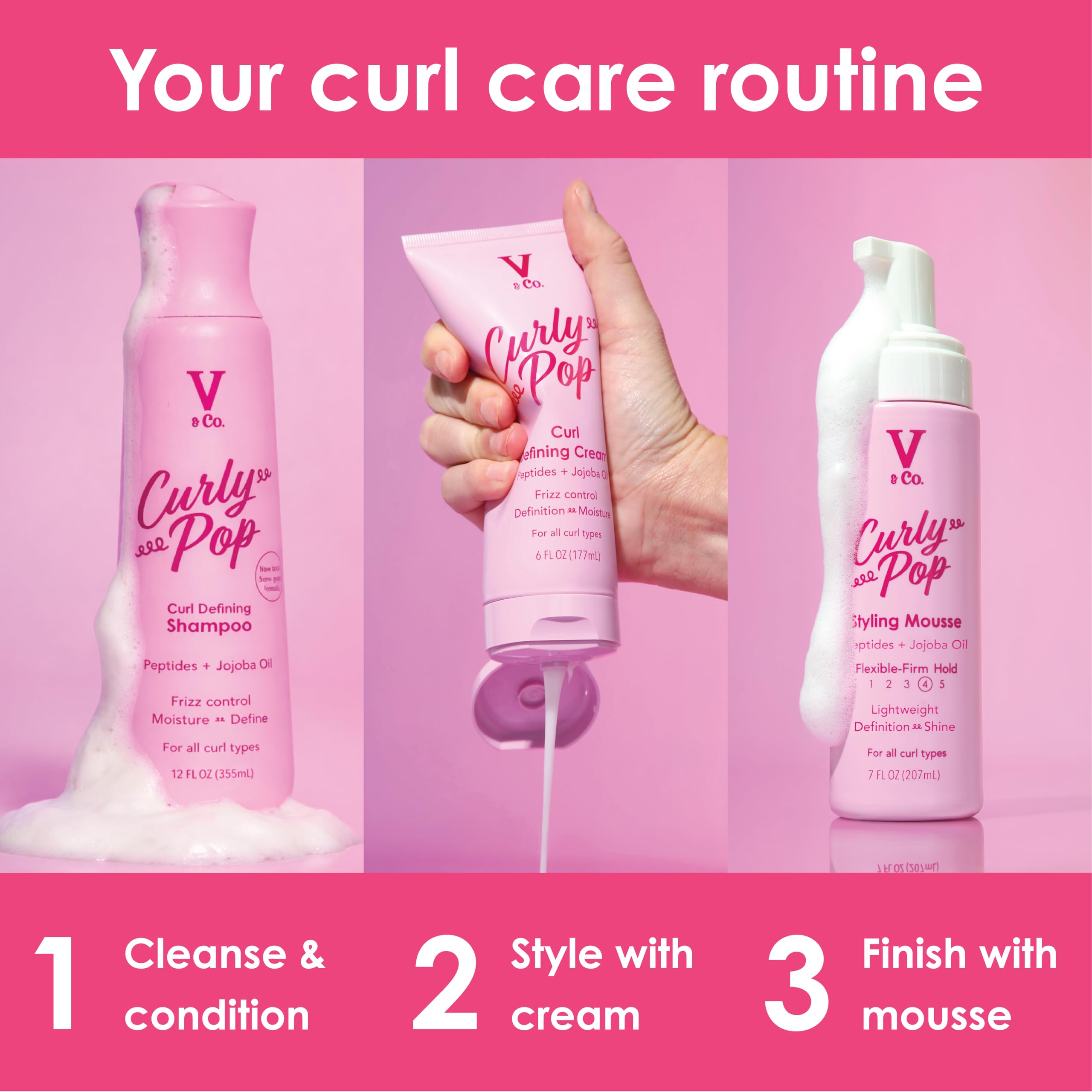 V&CO Curly Pop sella la humedad para rizos con movimientos naturales.