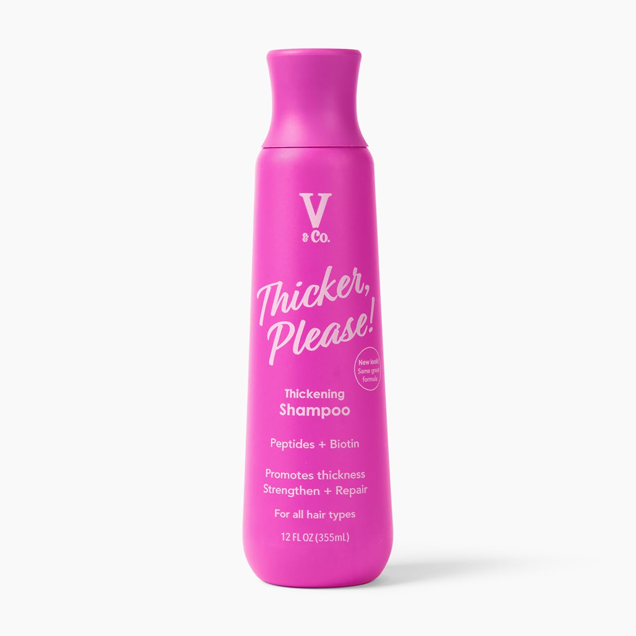 V&Co Hair Thickening Shampoo bottle close-up with peptide tech for fuller hair