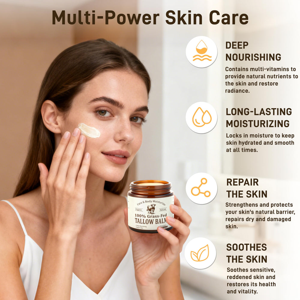 Veakoo beef tallow body balm on forearm highlights multi-task hydration.
