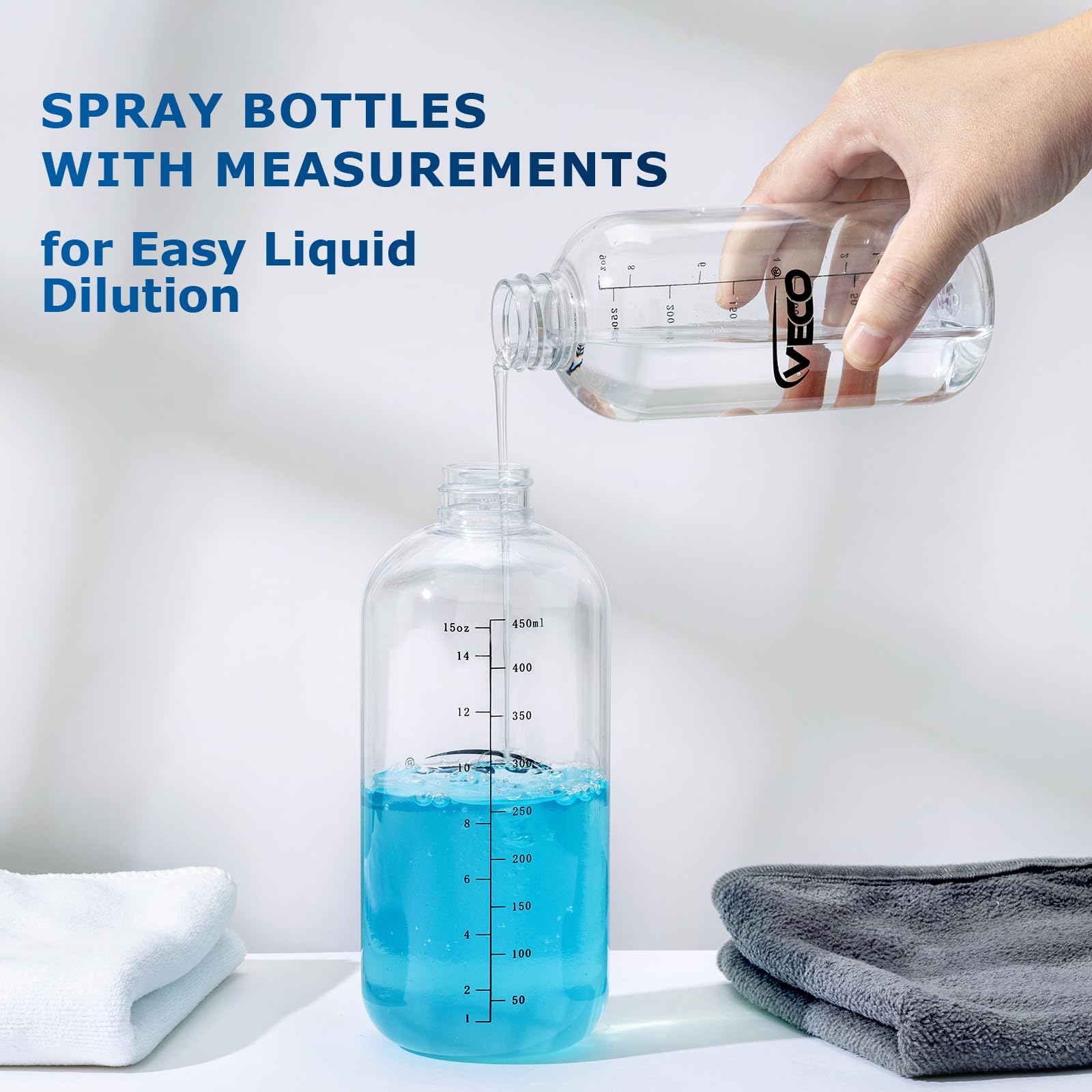 Veco 4-pack shows clear measurement marks for precise dilution and mixing.