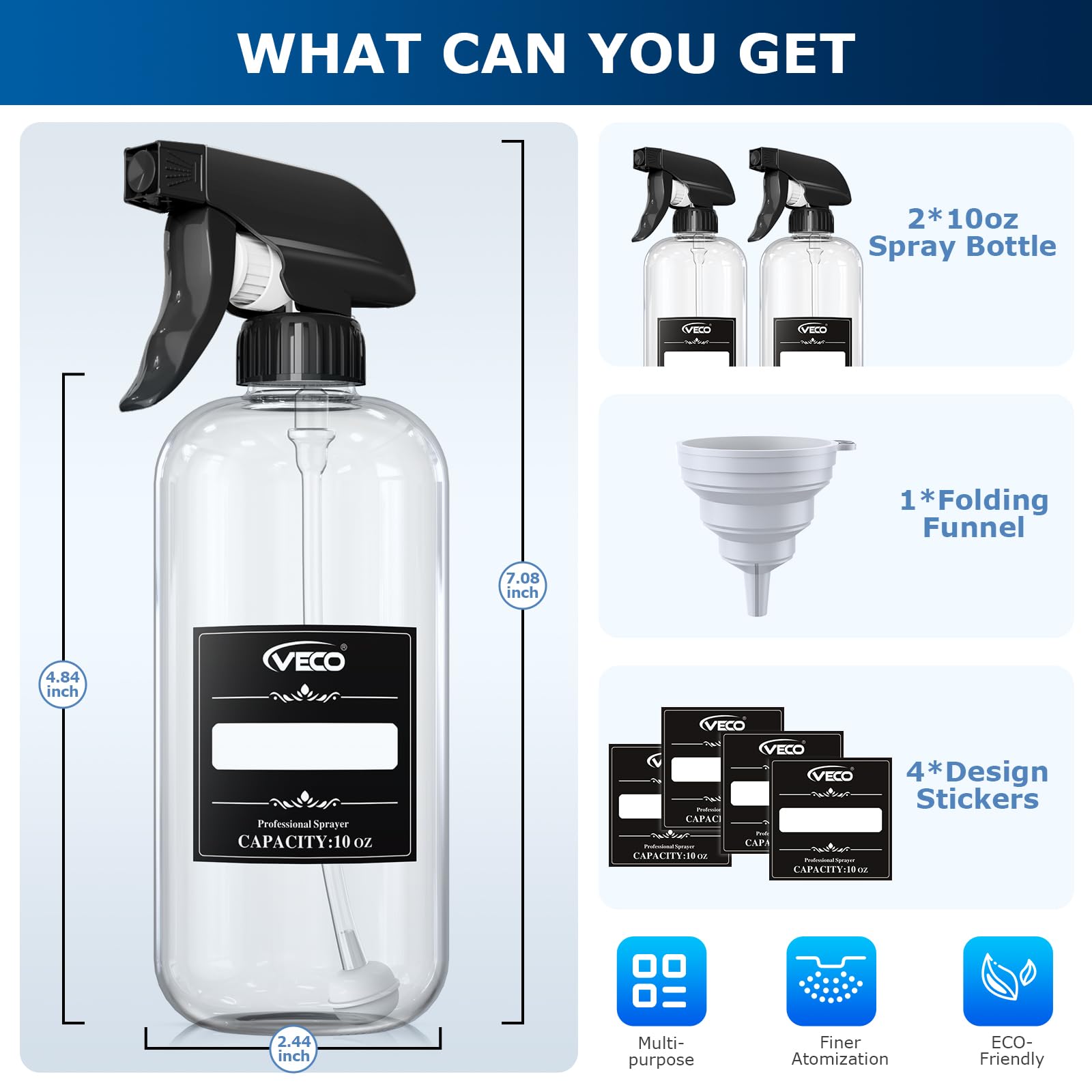 Veco adjustable nozzle modes show fine mist, steady stream and off