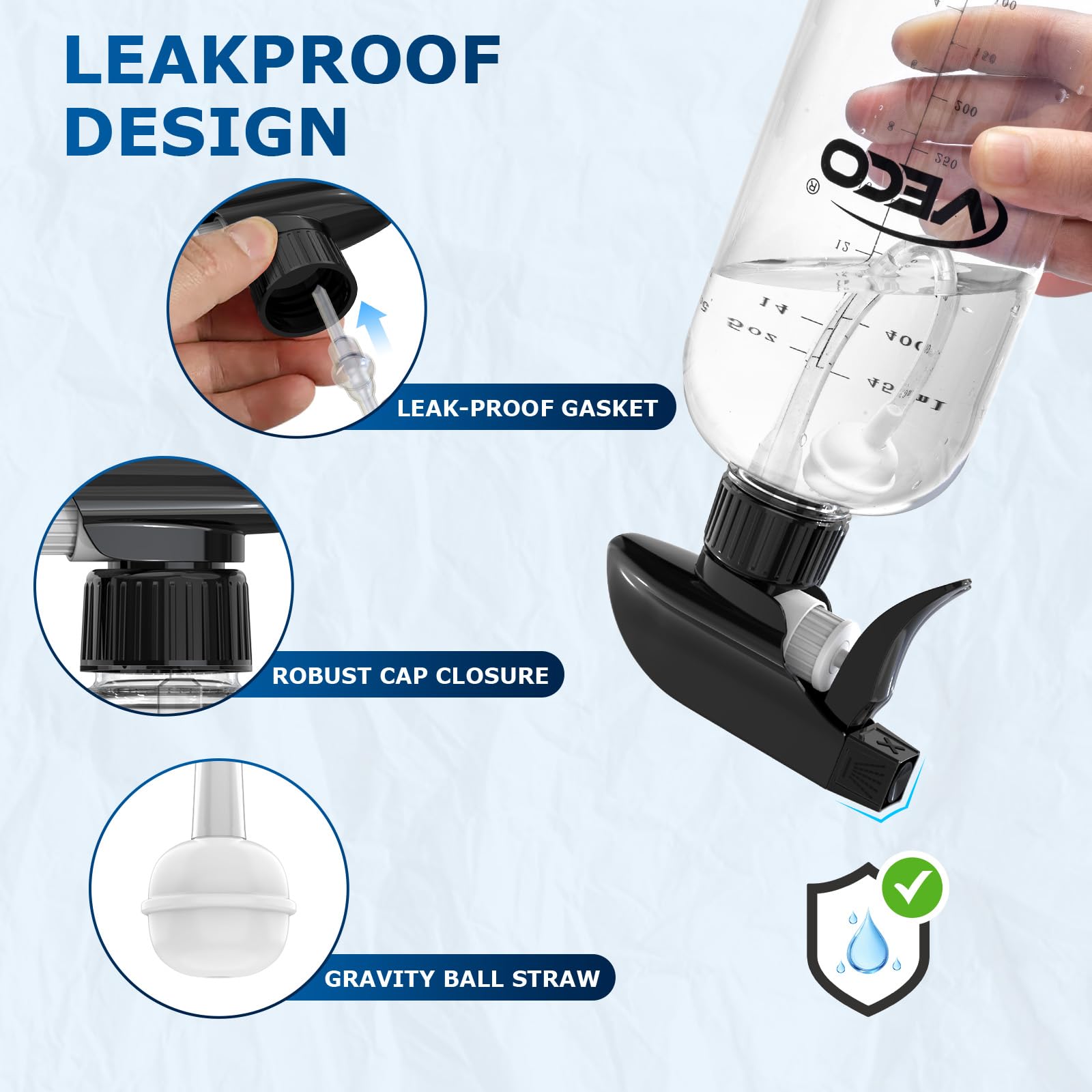 Veco bottles suitable for cleaning, plant care, hair, and pet routines.
