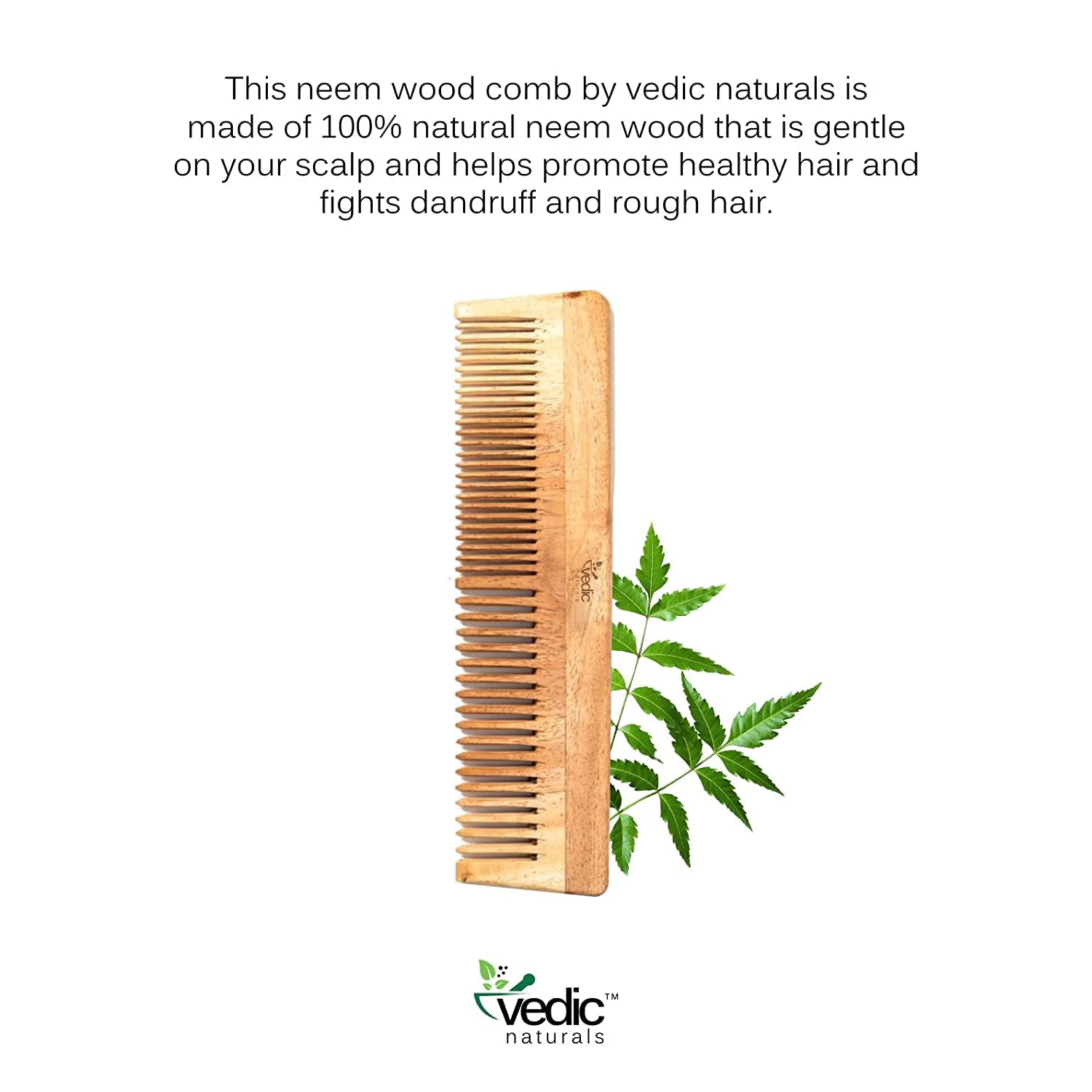 Vedic Naturals neem-wood comb close-up showing natural grain.