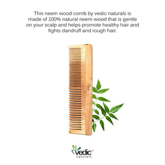 Vedic Naturals neem-wood comb close-up showing natural grain.