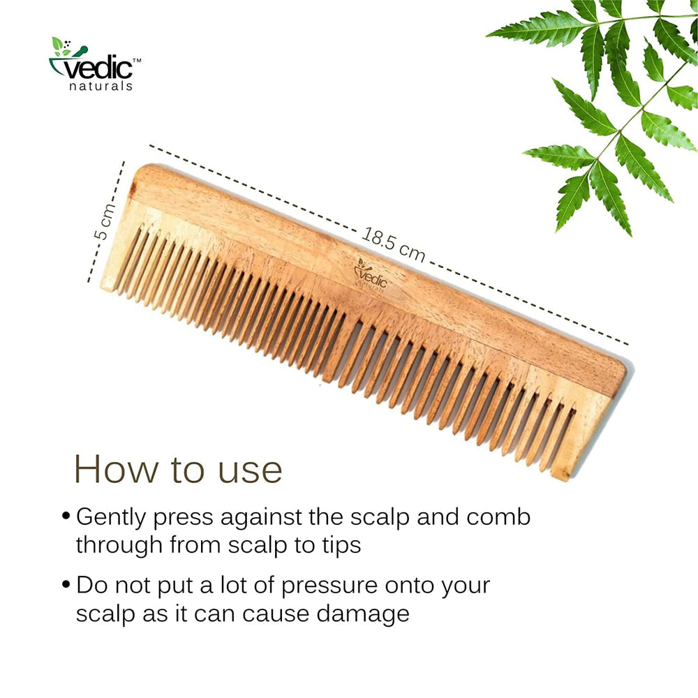 Vedic Naturals neem-wood comb in hand for reduced static and tangling.