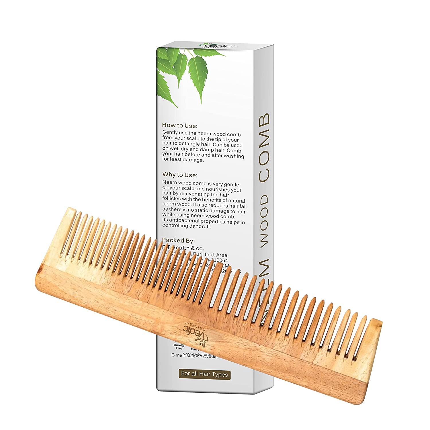 Vedic Naturals neem-wood comb thin-teeth for precise styling and smooth glide.