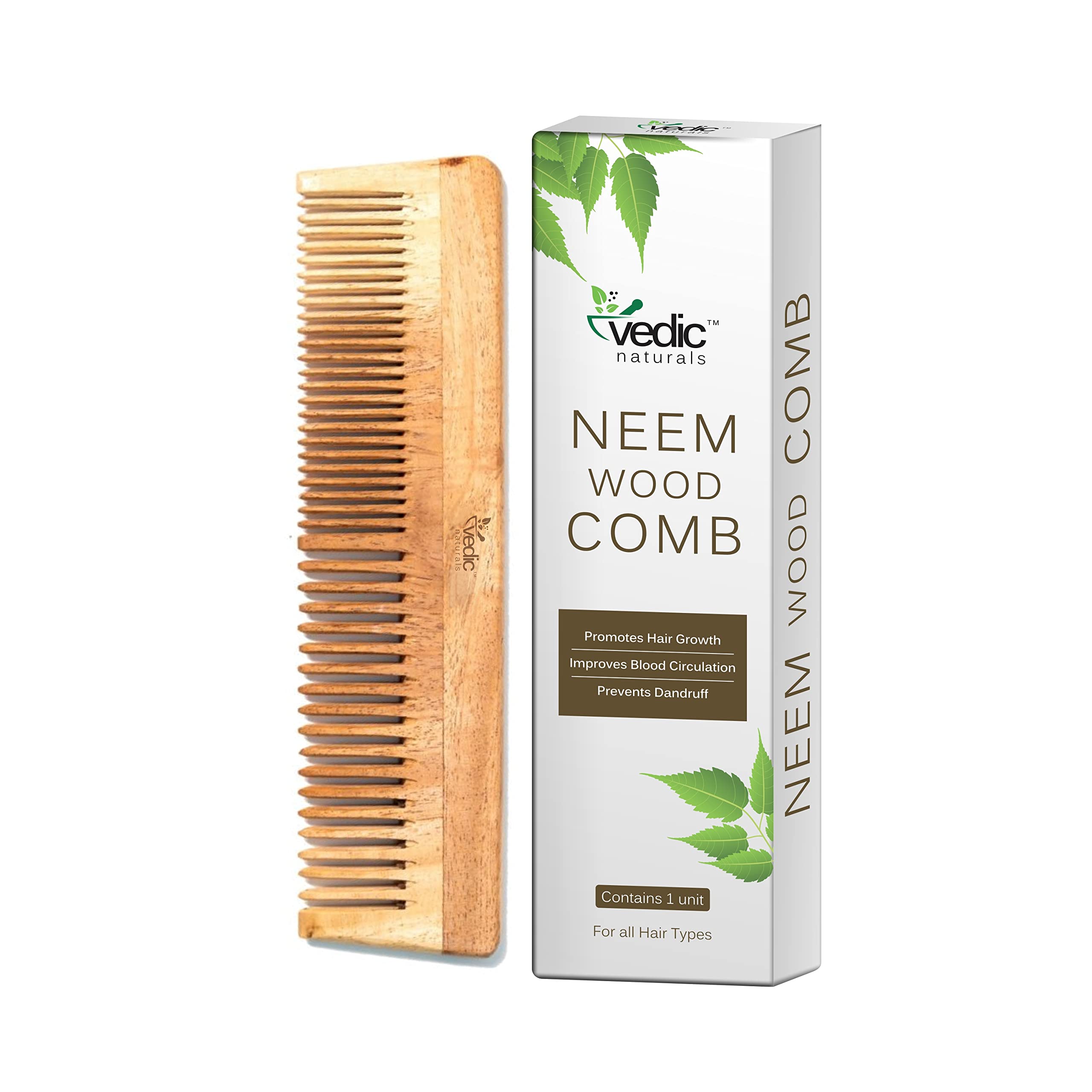 Vedic Naturals neem-wood comb wide-teeth for gentle detangling and scalp massage.