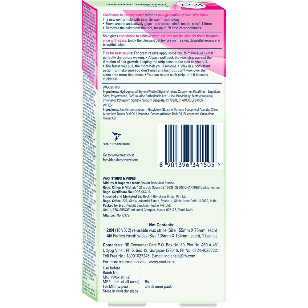 Veet EasyGrip ready-to-use strips on bikini line for precise shaping.