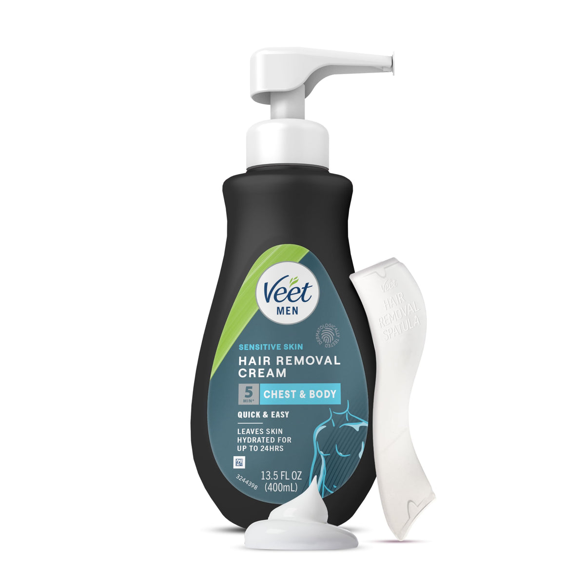 Veet Men hair removal cream application showing quick, easy use for sensitive skin.