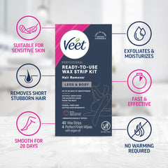 Open Veet wax strip pack showing kit contents
