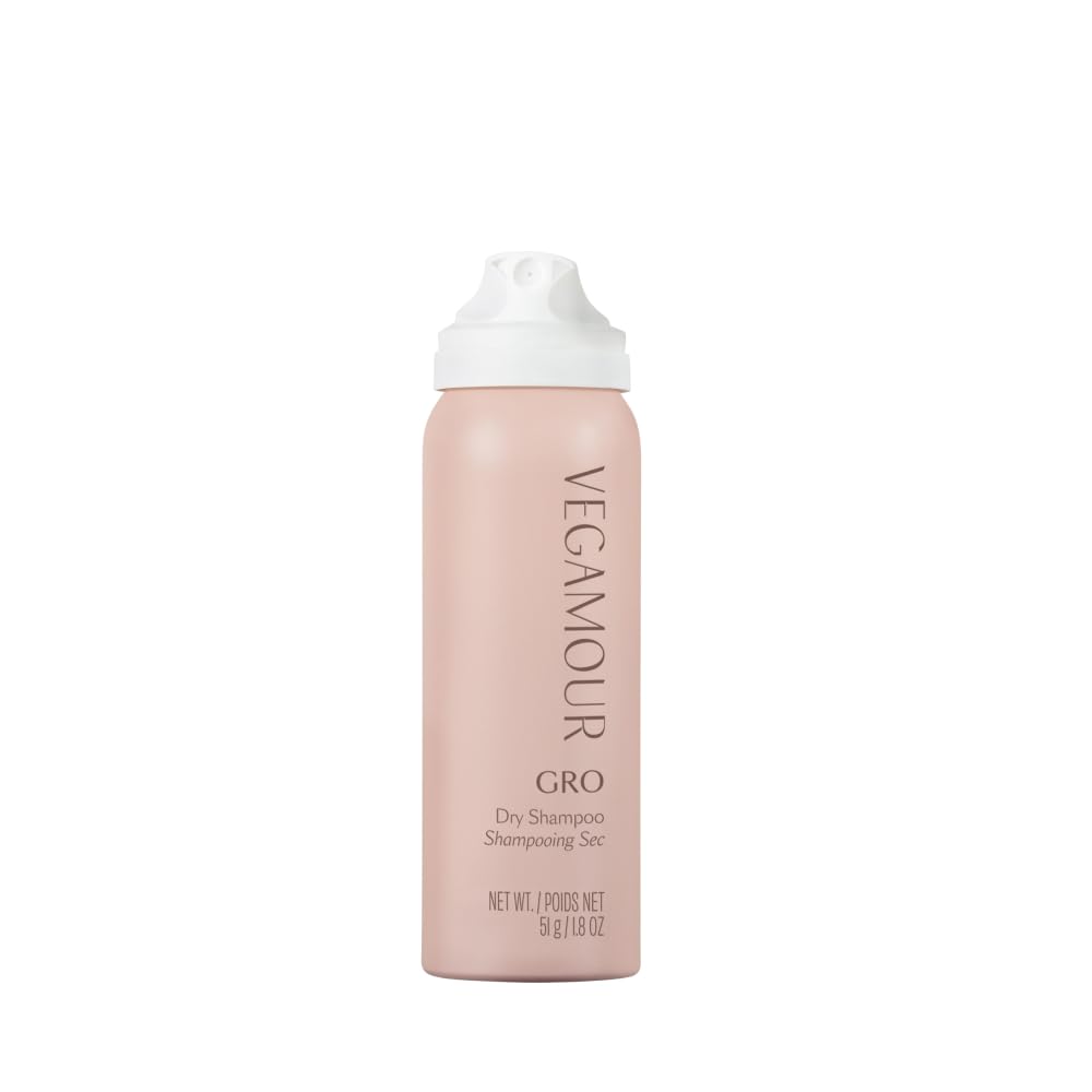 VEGAMOUR GRO Dry Shampoo travel-size bottle showing compact packaging for on-the-go refresh