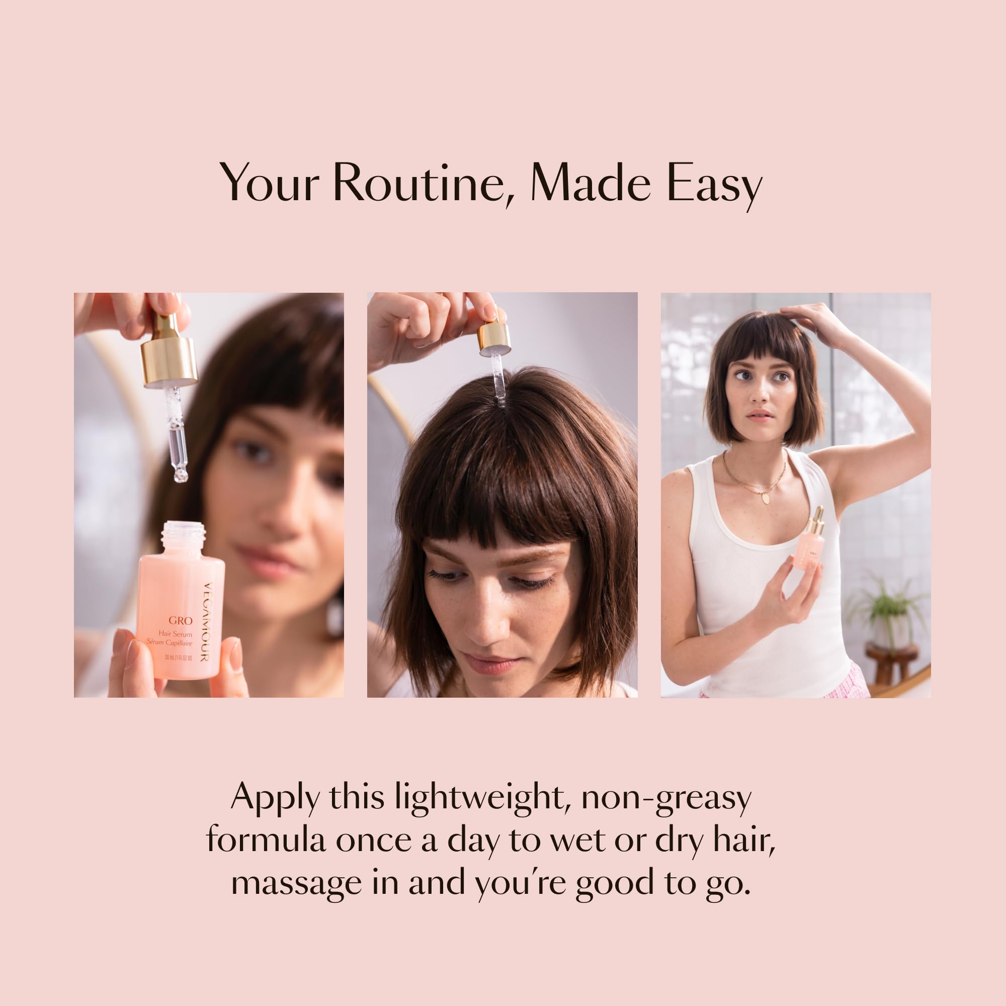 VEGAMOUR GRO Hair Serum bottle on bathroom counter ready for your routine