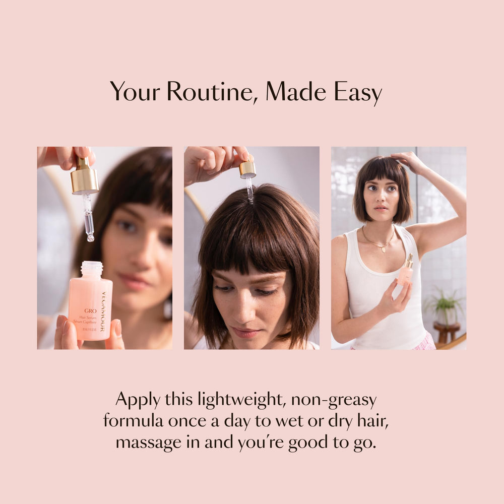 VEGAMOUR GRO Hair Serum bottle on bathroom counter ready for your routine