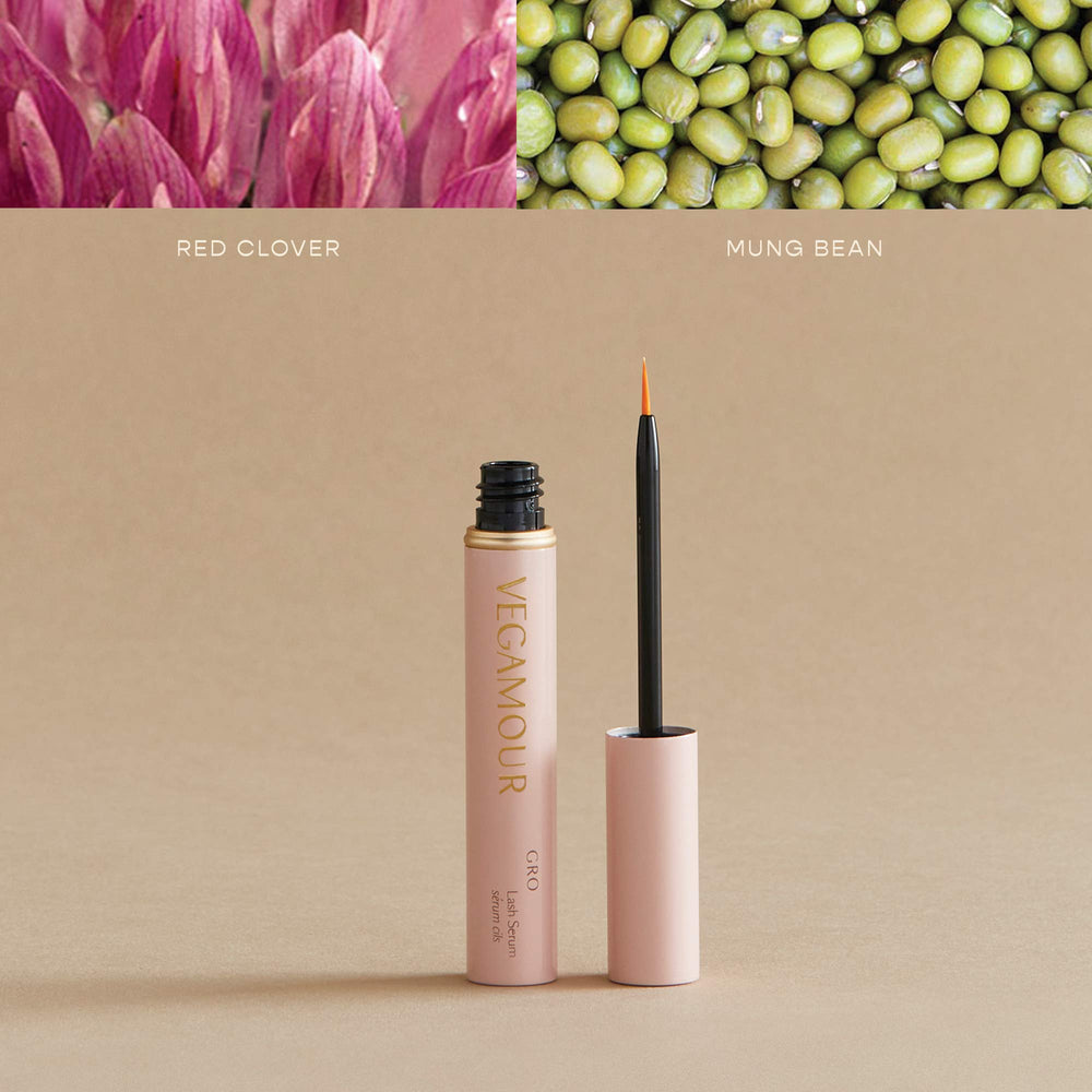Close-up of GRO Lash Serum applicator brush for daily lash care.