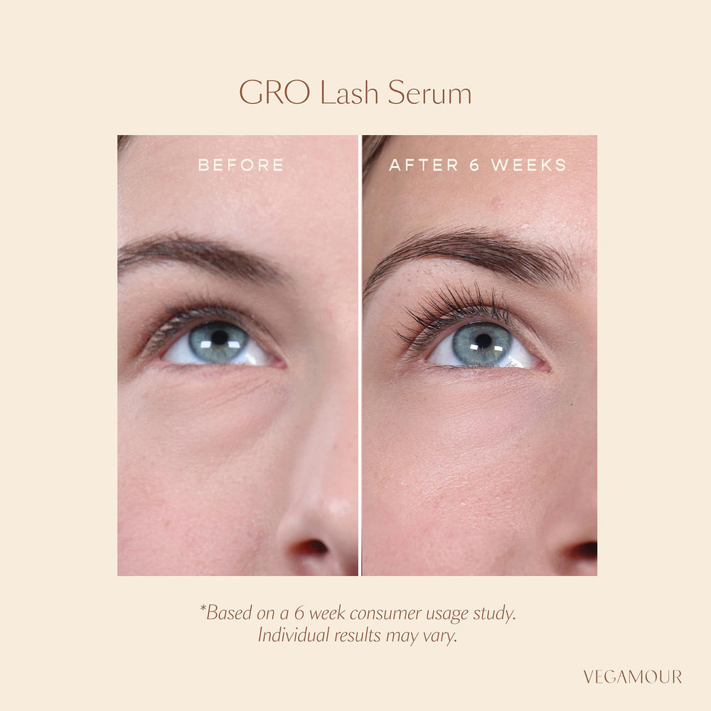 Clear glass GRO Lash Serum bottle focusing on vegan, fragrance-free claims.
