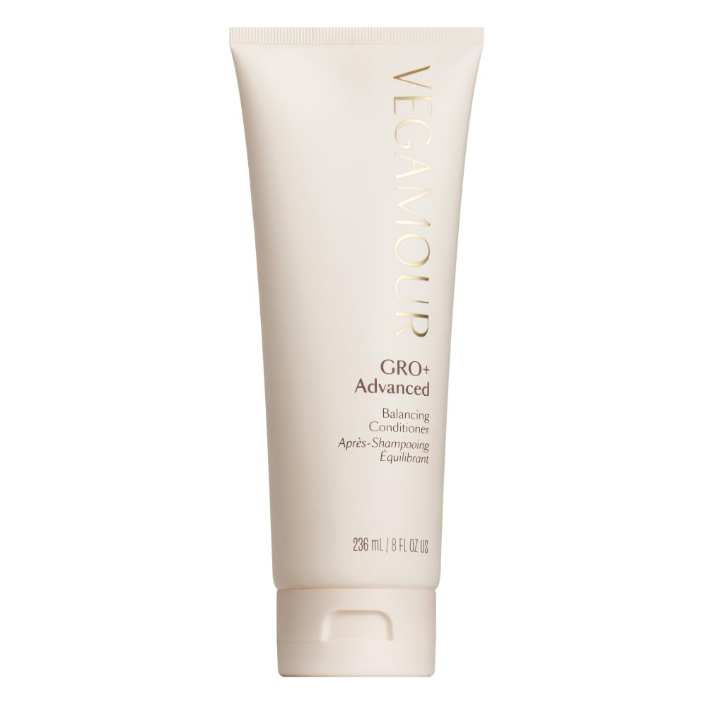 VEGAMOUR GRO+ Advanced Balancing Conditioner bottle shows lightweight scalp hydration.