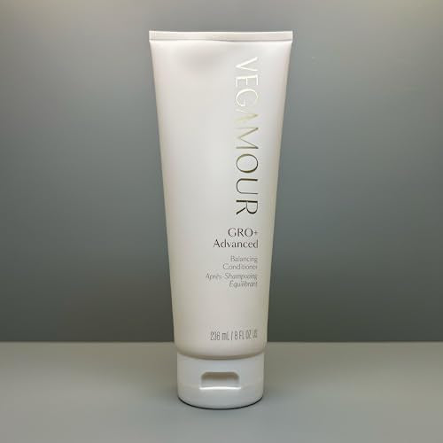 VEGAMOUR GRO+ Advanced Balancing Conditioner tub highlights color-safe formula.