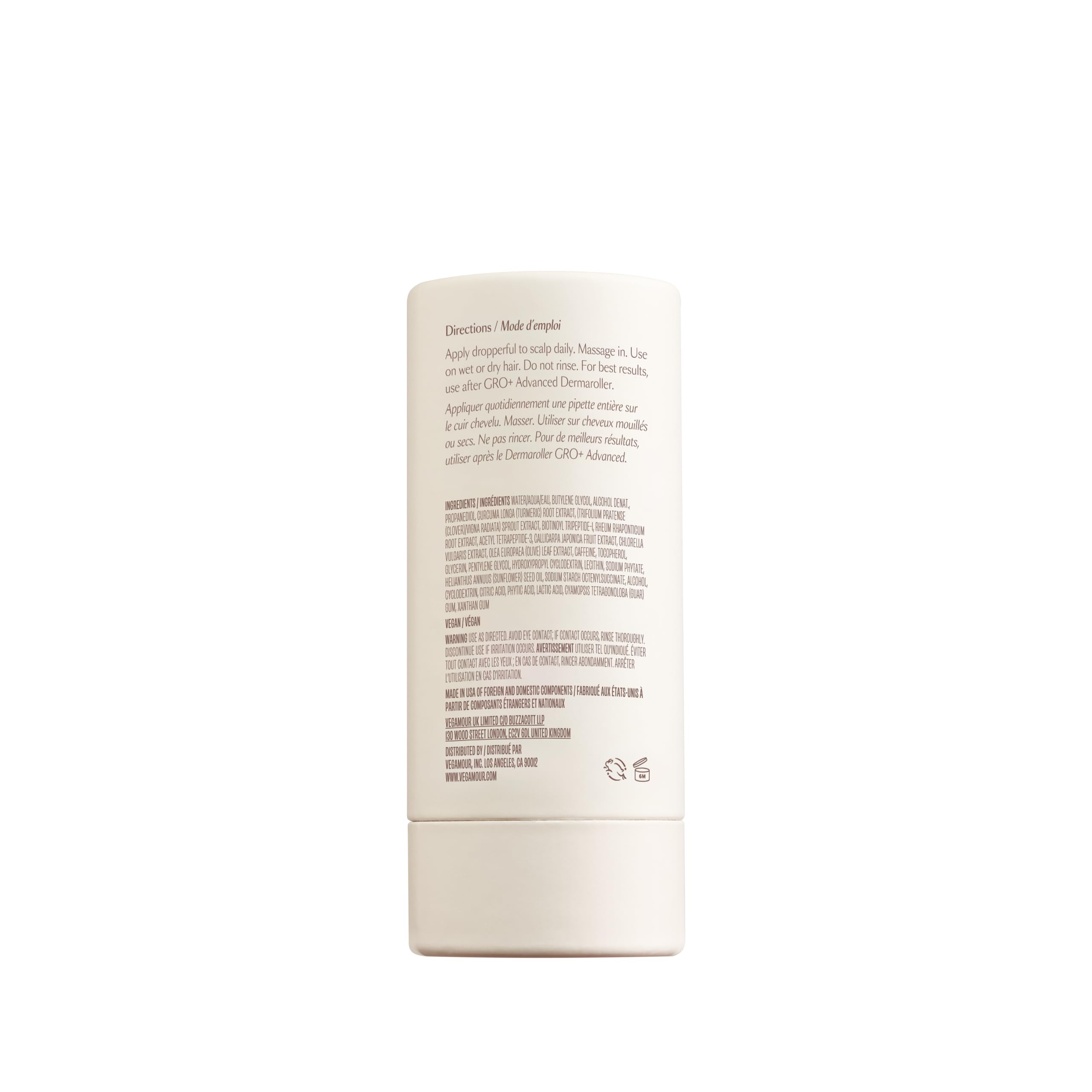VEGAMOUR GRO+ dermatologist co-developed badge on packaging