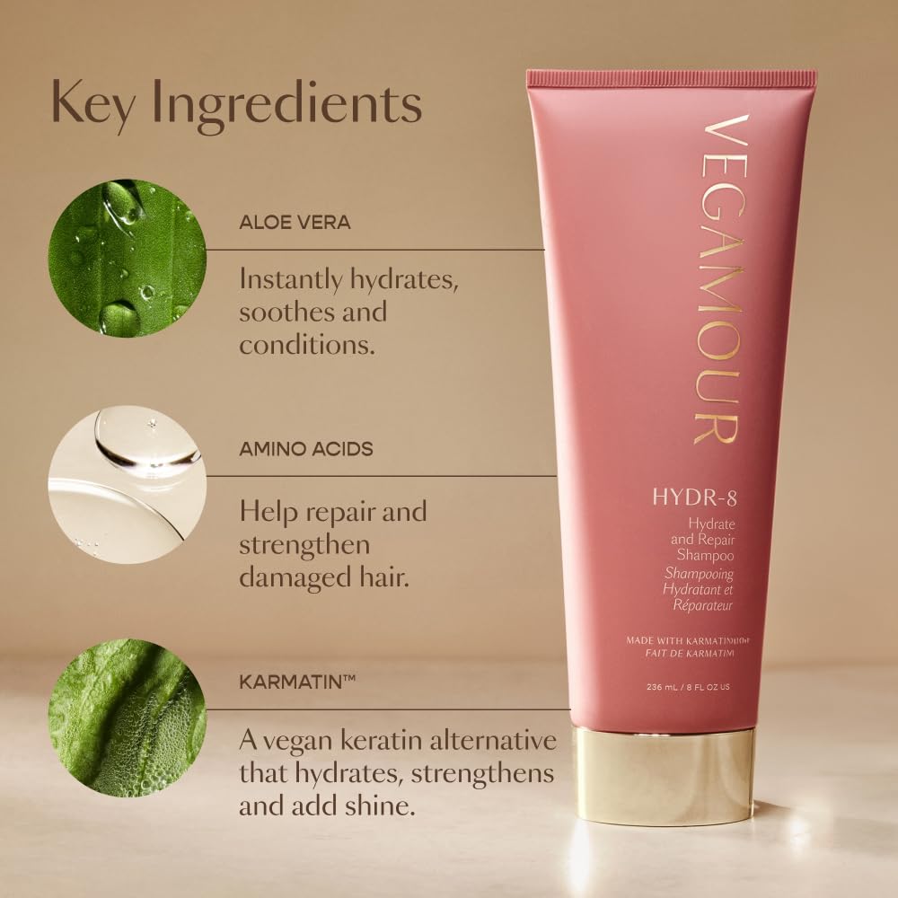 VEGAMOUR HYDR-8 amino acids infusion supports strengthened strands.
