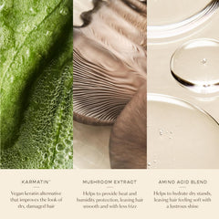 Karmatin vegan keratin illustration beside HYDR-8 signaling vegan hair strength