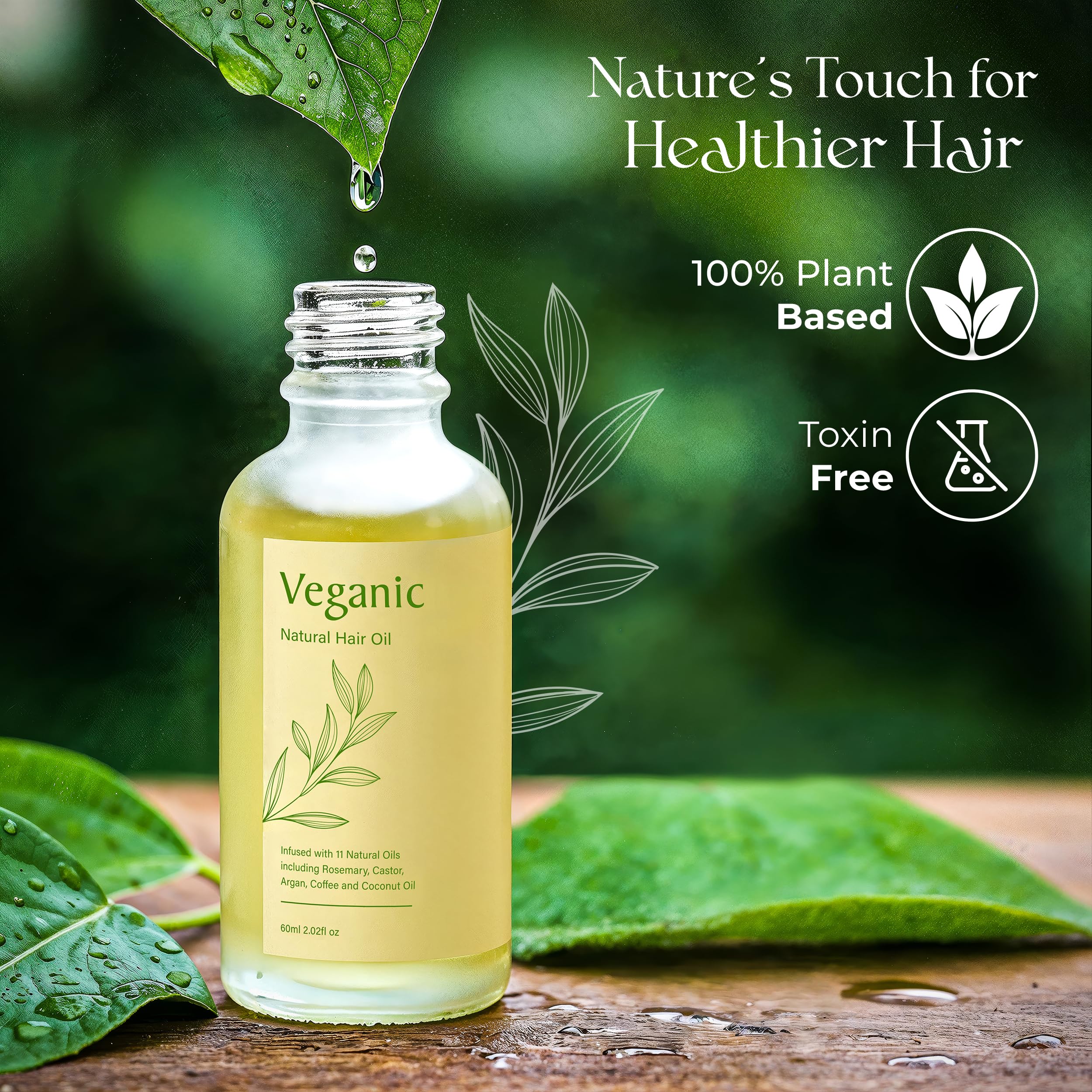 Veganic bottle beside natural botanicals conveys clean, plant-based nourishment