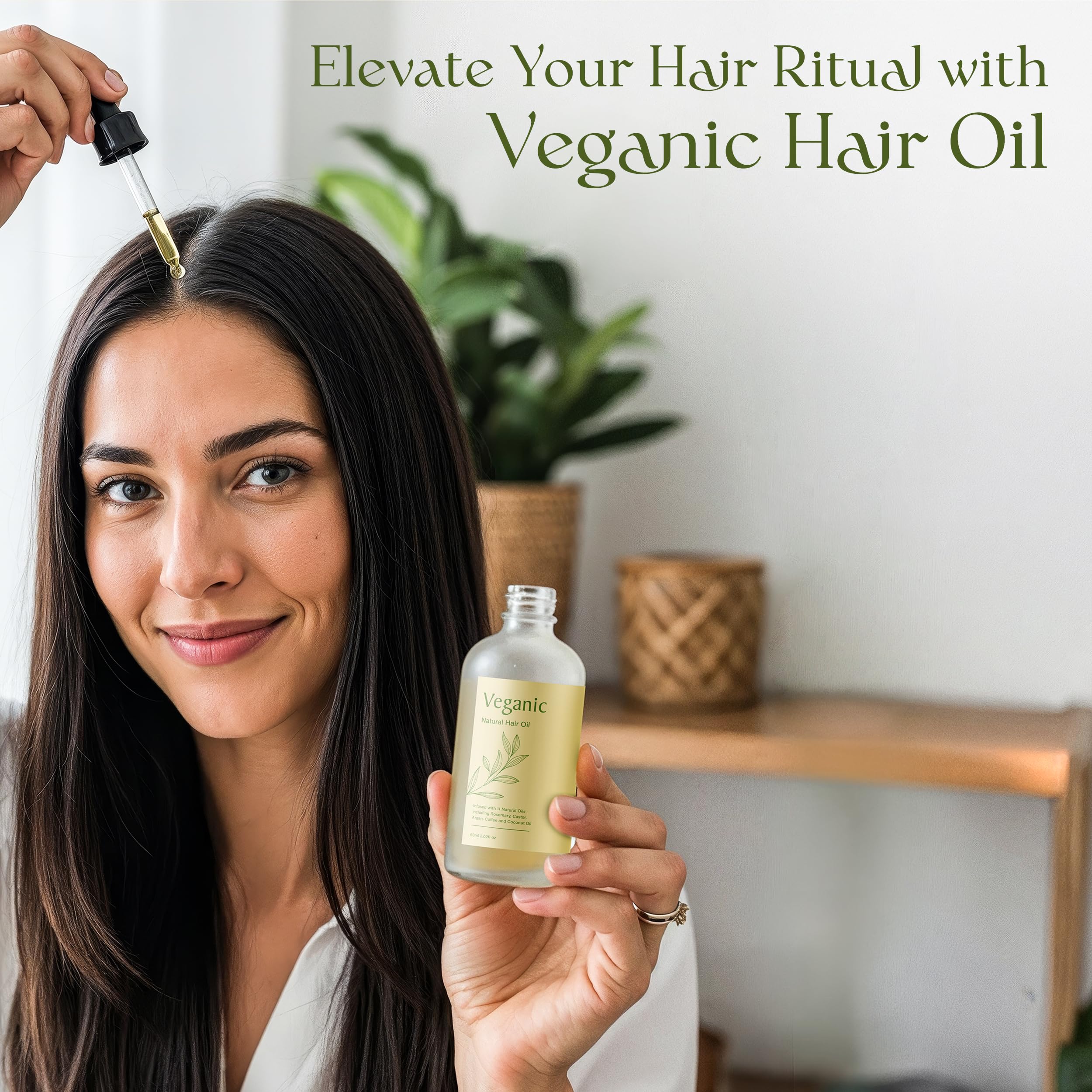 Veganic bottle with leafy backdrop suggests everyday scalp care routine