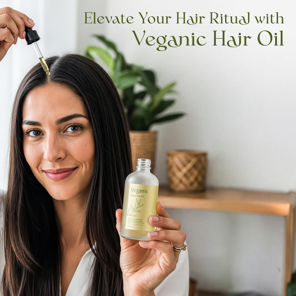 Veganic bottle with leafy backdrop suggests everyday scalp care routine