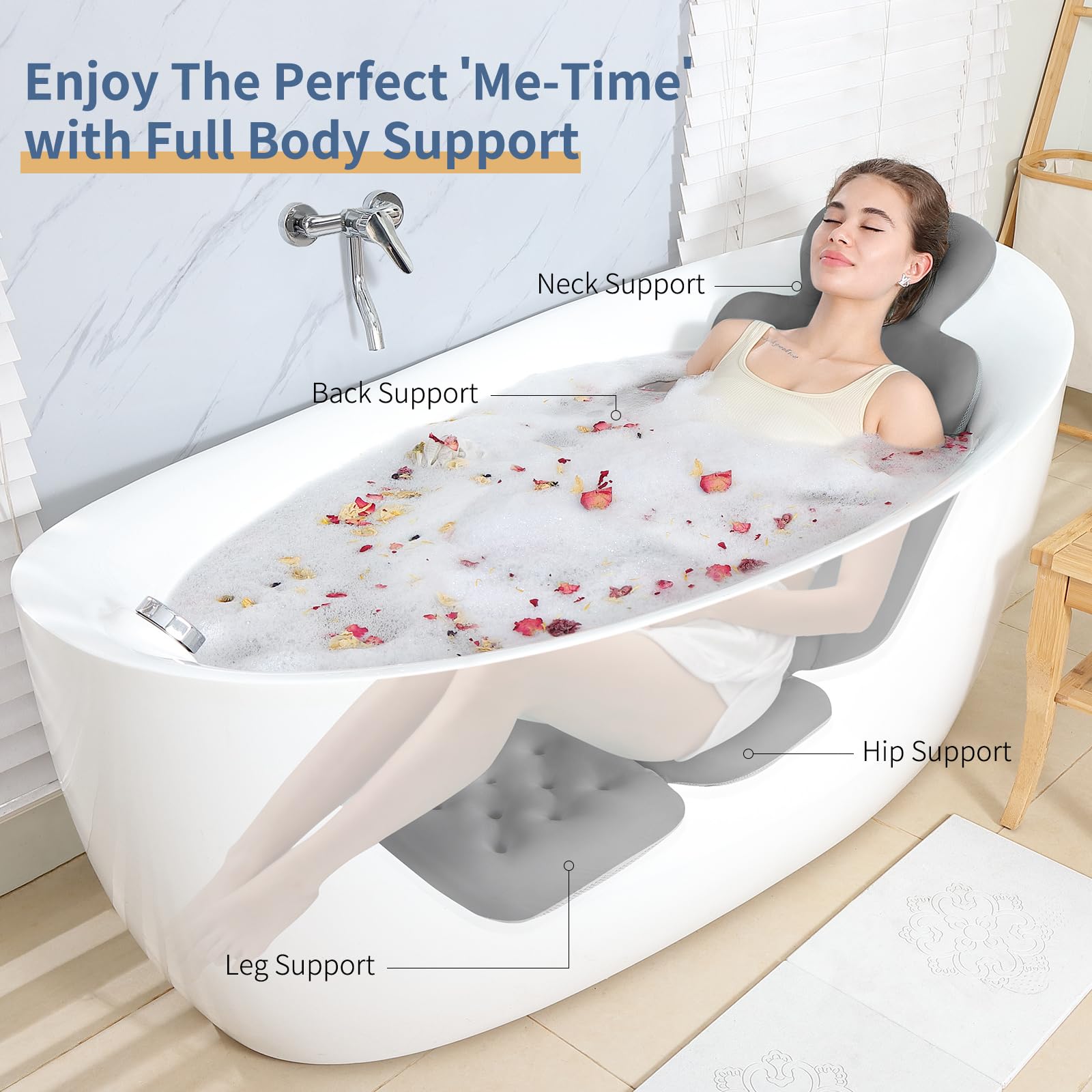 VEILS Bath Cushion shows anti-slip suction cups for safe tub placement