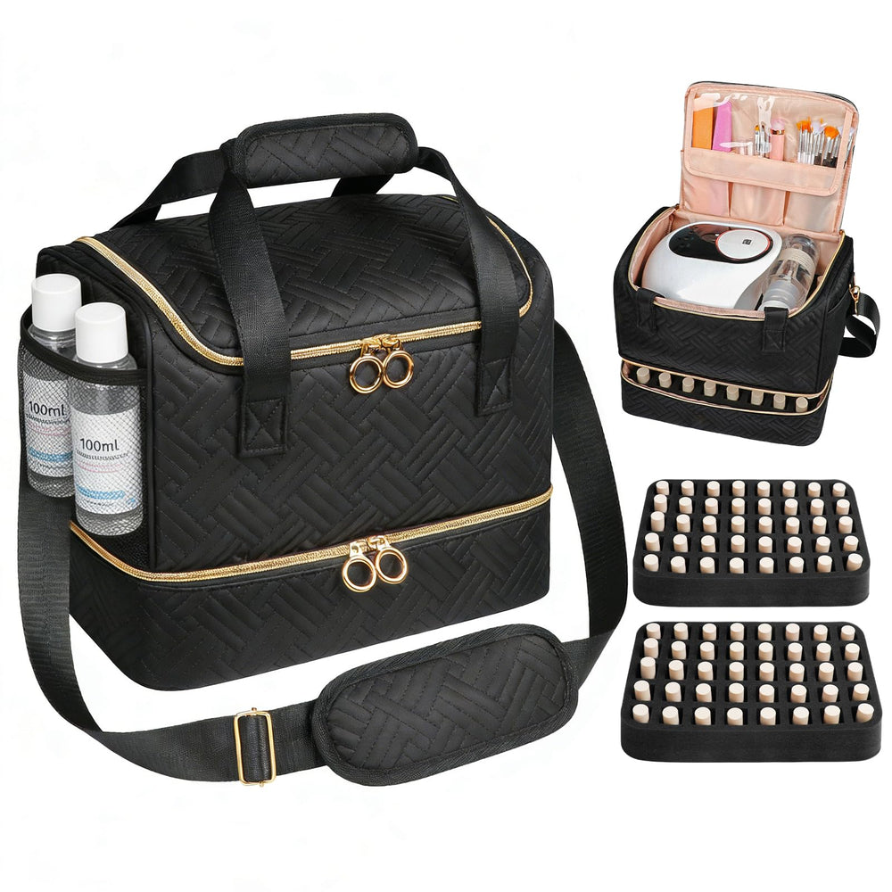 Veirdro nail polish organizer bag open with space for 80 bottles and organized compartments.