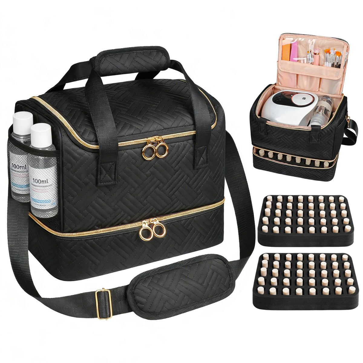 Veirdro nail polish organizer bag open with space for 80 bottles and organized compartments.