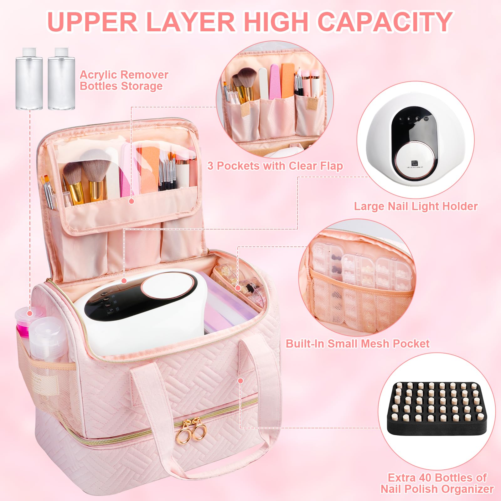 Upper elastic pockets with lids on Veirdro organizer hold 40 bottles