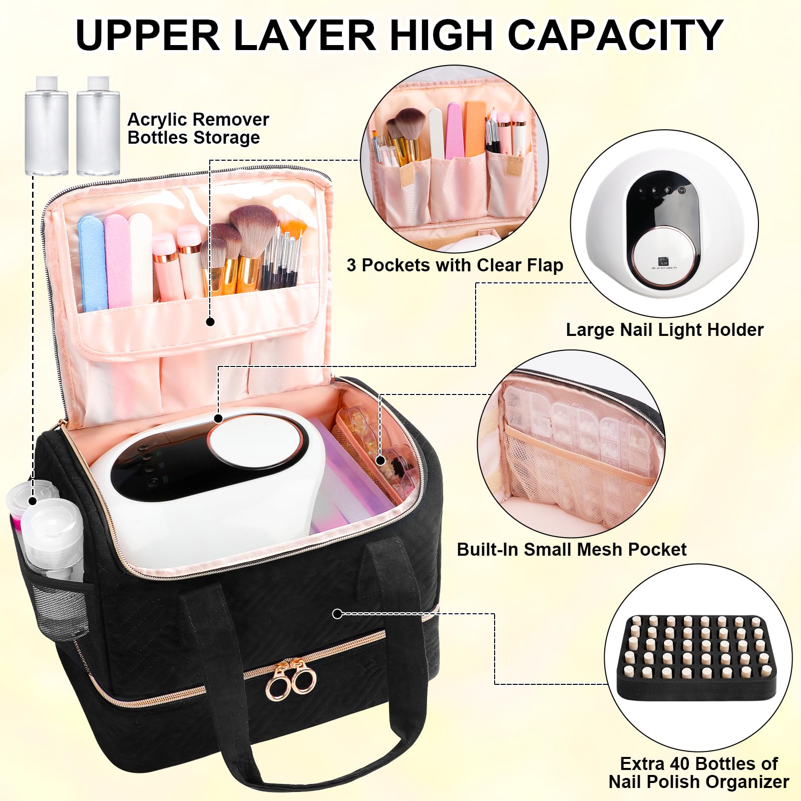 Veirdro bottom space demonstrates removable sponge for 40 bottles and extra pockets.