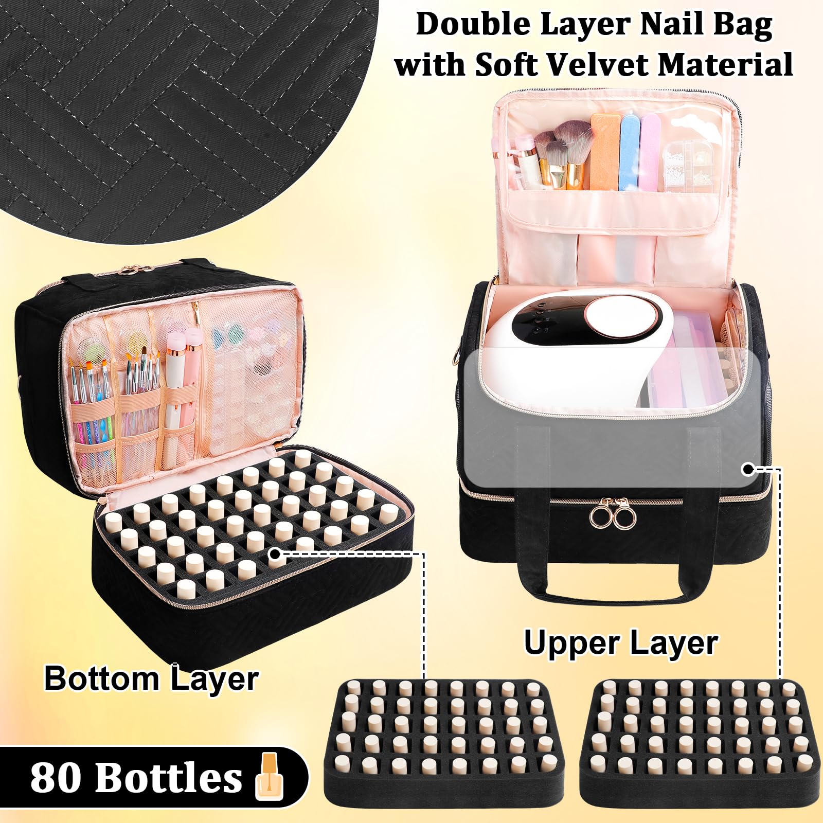 Veirdro organizer upper space shows elastic pockets and lids for tidy polishes.