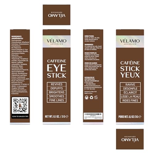 VELAMO ADVANCED caffeine eye stick demonstrated in a morning routine scene.
