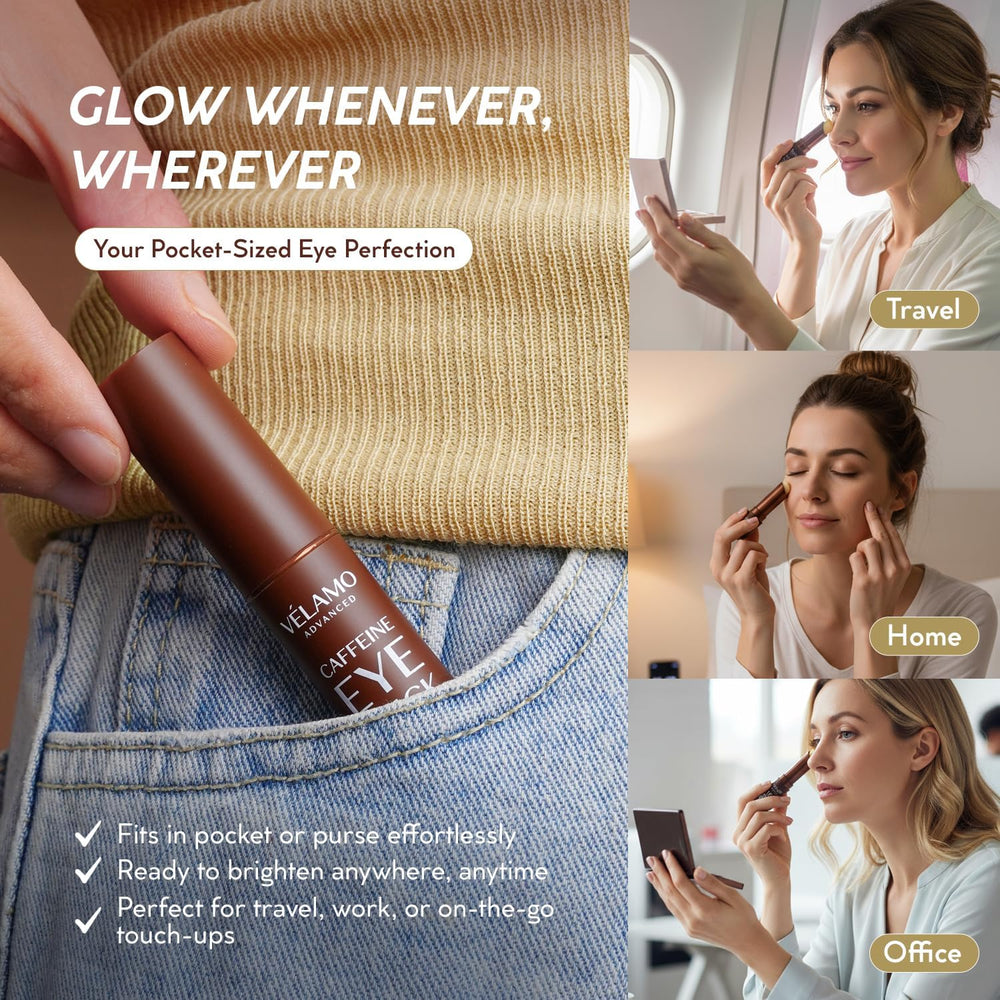 VELAMO ADVANCED caffeine eye stick travel-size compact for on-the-go use.