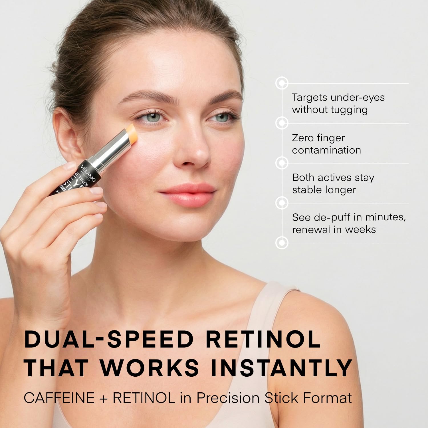 VELAMO ADVANCED Retinol Eye Stick close-up on under-eye area for reduced dark circles