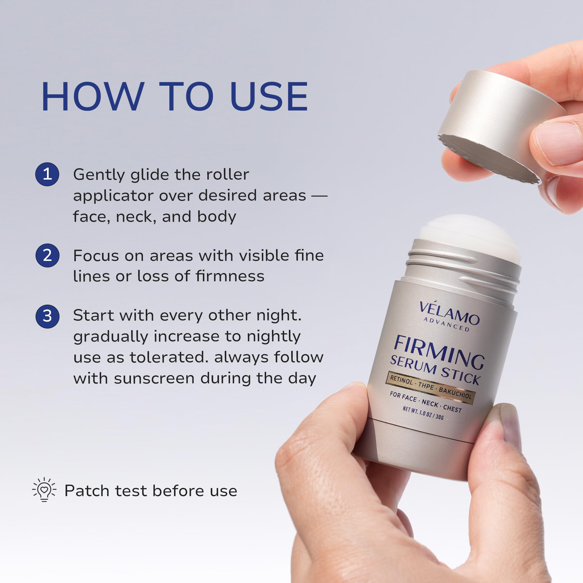 VELAMO ADVANCED Sérum en barra con Retinol y Bakuchiol; ingredientes clave anti-edad.